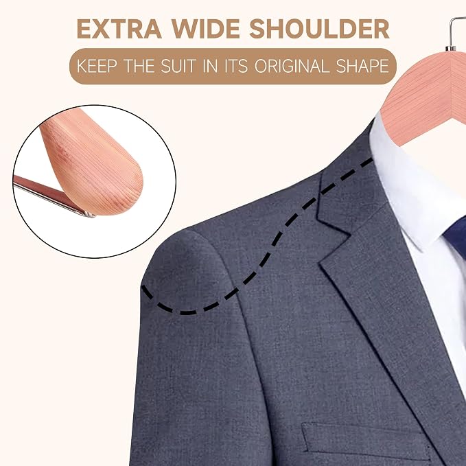 Wide Shoulder Wooden Hangers with Locking Bar, Cedar Wood, 6-Pack | Non-Slip Suit Hangers with Flat-Head Hook for Suits, Jackets, Coats, Shirts, Outerwear and Heavy Clothes - Image 4