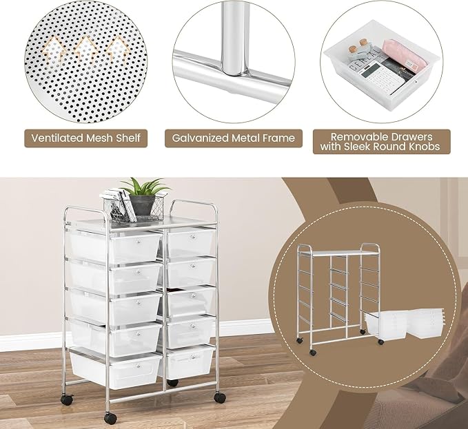 10 Drawer Rolling Cart, Storage Cart Organizer on Wheels, Drawer Cart with Metal Frame & Large Storage Capacity, Rolling Cart with Drawers for Living Room Classroom, Office - Image 7