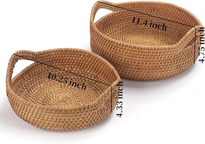 Rattan Storage Basket, Hand Woven Fruit Basket with Handles, Wicker Serving Basket, Bread Basket, Decorative Baskets for Organizing, Set of 2 - Image 9
