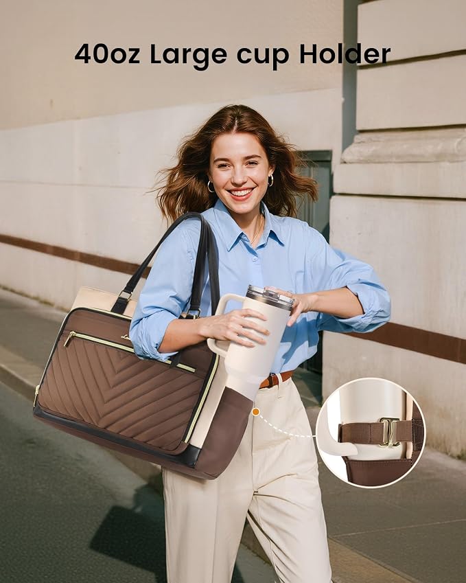 LOVEVOOK 17 Inch Laptop Tote Bag for Women, Nurse Work Bag with Large Cup Holder, Quilted Diaper Bag for Travel, Computer Women's handbags for Teacher gift, Coffee-apricot-black - Image 3