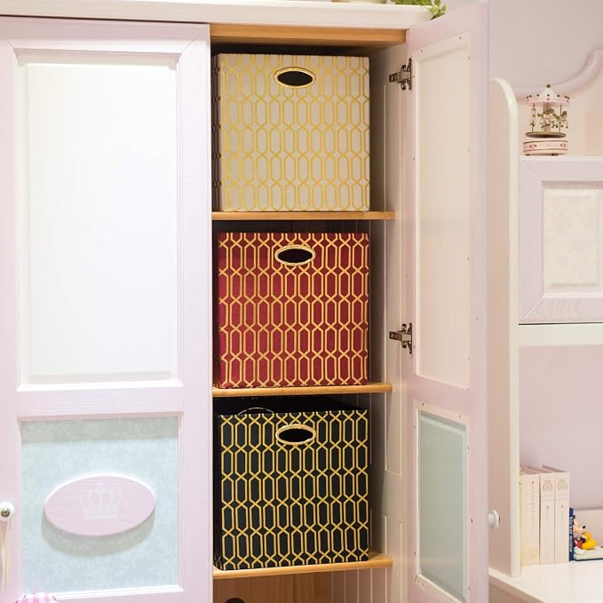 Posprica Storage Bins, Storage Cubes,13×13 Fabric Drawers Organizer Basket Boxes Containers (13×13×13/2pcs, Cream/gold geometry Pattern) - Image 5