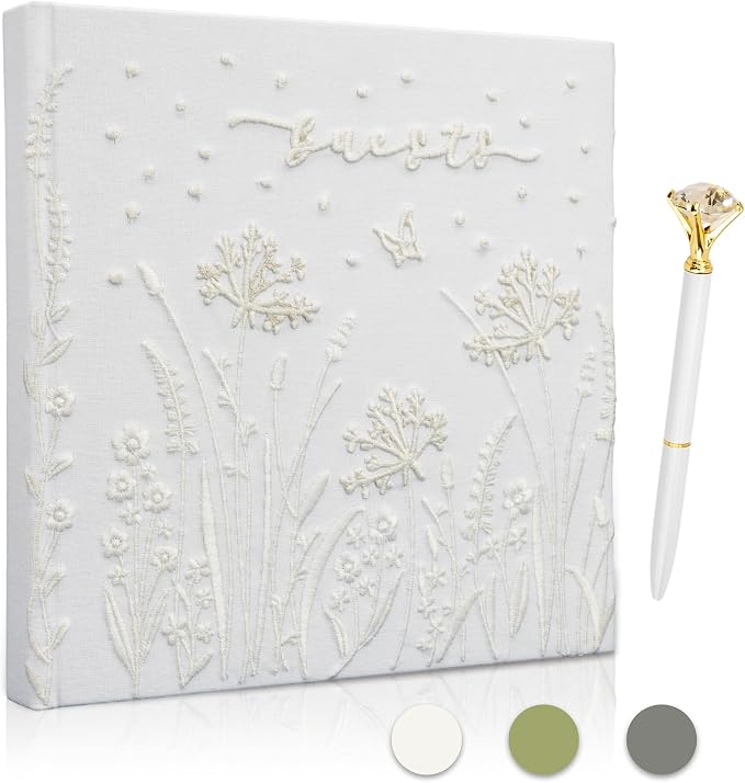 Embroidered Wedding Guest Book—The Perfect Polaroid Guest Book for Wedding Receptions， Birthdays, Baby Showers, and Special Events with 3 Photo Corner Stickers+ 3 DIY pens+1 Diamond Pen(Cream) by Gatyko