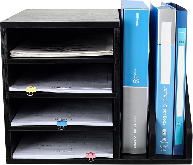 Wood Desktop File Holder Organizer Mail Sorter for File Folders, Mails, Envelopes, Mailing Supplies or Magazines, Black - Image 2