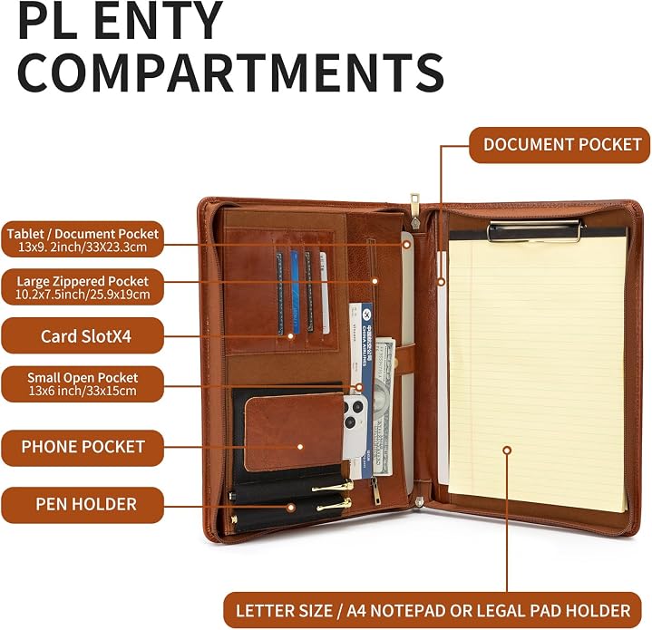 YIWEN Leather Portfolio with Handle, Zippered Front Pocket and Clip - Image 6
