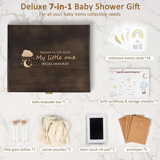 Baby Keepsake Box Wooden with 6 Additional Items | 7-in-one Baby Shower Gifts for Girls Boys New Mom, Newborn Essentials Must Haves Memory Box, Engraved with Guidelines, Large - Image 5