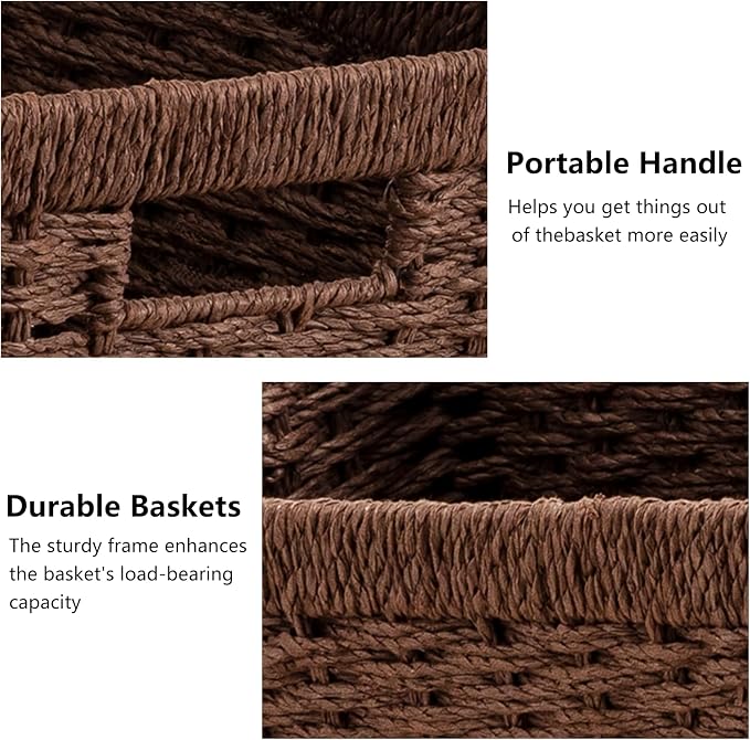 joybest Wicker Storage Baskets, 2pack Hand-Woven Paper Rope Wicker Baskets for Organizing, Foldable Rectangular Storage Organizer Bins for Shelves with Built-in Handles 13.4L x 8.3W x 7.1H, Dark Brown - Image 7