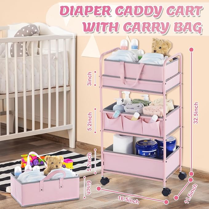 Honeydak 2in1 Baby Diaper Caddy Organizer Cart 3 Tier Large Capacity Metal Utility Bedside Rolling Cart with Divider Newborn Registry Nursery Essential Must Have Crib Bedroom Baby Shower(Pink) - Image 2