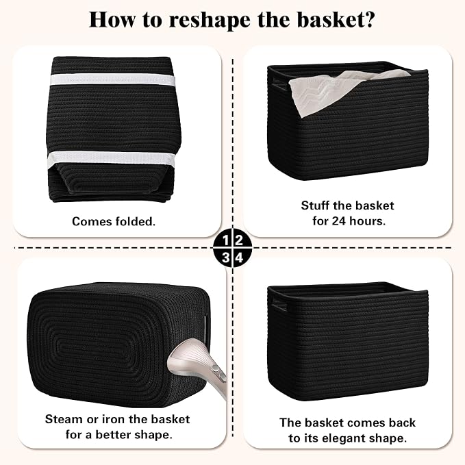Storage Baskets for Organizing, 4 Pack Baskets for Shelves, Decorative Storage Bins for Shelves, Cotton Rope Storage Basket with Handles, Woven Basket for Storage, 13''Lx8.7''Wx7.9''H, Black - Image 8