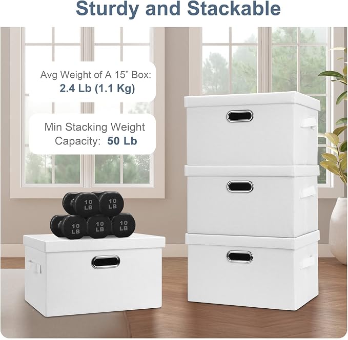 Graciadeco Medium 15" 21 Quart Collapsible Stackable Storage Bins with Lids, 5 Packs White Foldable Fabric Closet Storage Boxes with Lids, Lidded Heavy-duty Linen Baskets(15x11x8) | 21 Quart 5 Pack White Collapsible Stackable Linen Fabric 4 Handles Bed... - Image 4