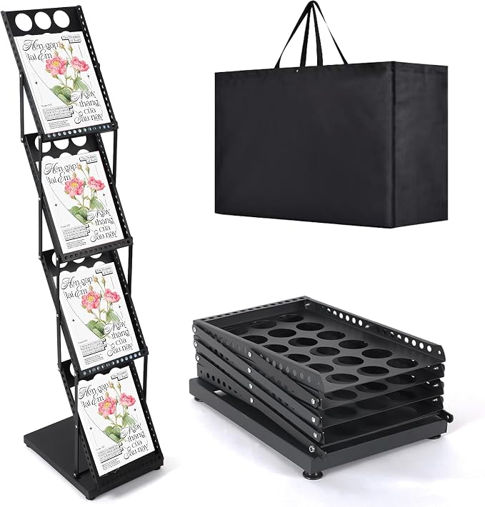 Foldable Magazine Rack Metal Catalog Literature Rack, Literature Stand Rack | Collapsible Flyer Holder,Portable 4 Pockets with Carrying Bag,Floor-Standing Holder Stand for Exhibition Trade Show,Black by Estleys