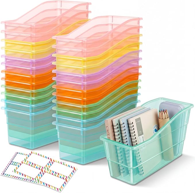 Blosssound 24 Set Book Bins for Classroom Stackable,Translucent Pastel | Plastic Baskets with Labels, Slanted Front, Library Supplies Organizers, Desktop Storage Bins, Teachers Home School Use by Blosssound