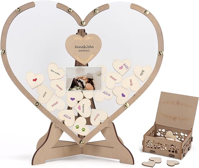 SELEAD Wedding Guest Book Alternative Drop Top Acrylic Sign Board, Heart | Rustic Wedding Reception Picture Frame with 80psc Wooden Hearts, Exquisite Box for Party Anniversary Birthday by SELEAD