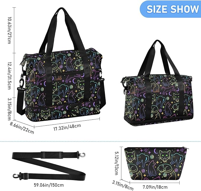 Travel Duffel Tote Bag Witchcraft Black Cats Sports Duffel Bag with Wet Pocket Weekender Overnight Bag for Women Men Gym Bag, Carry On Bag Hospital Bag for Labor and Delivery - Image 2