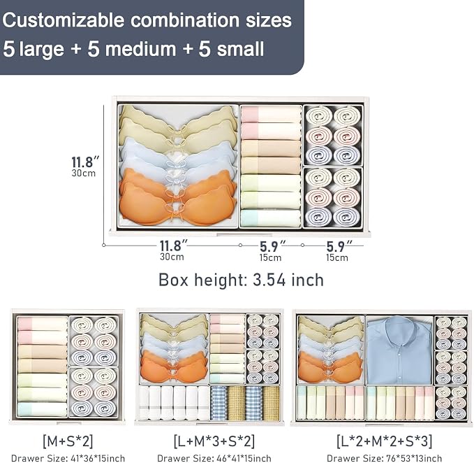 DIMJ Drawer Organiser System Underwear Organiser – Set of 15 Wardrobe Storage Box Cabinet, Changing Table Organiser, Fabric Boxes Storage for Clothes, Socks, Texture Grey - Image 2