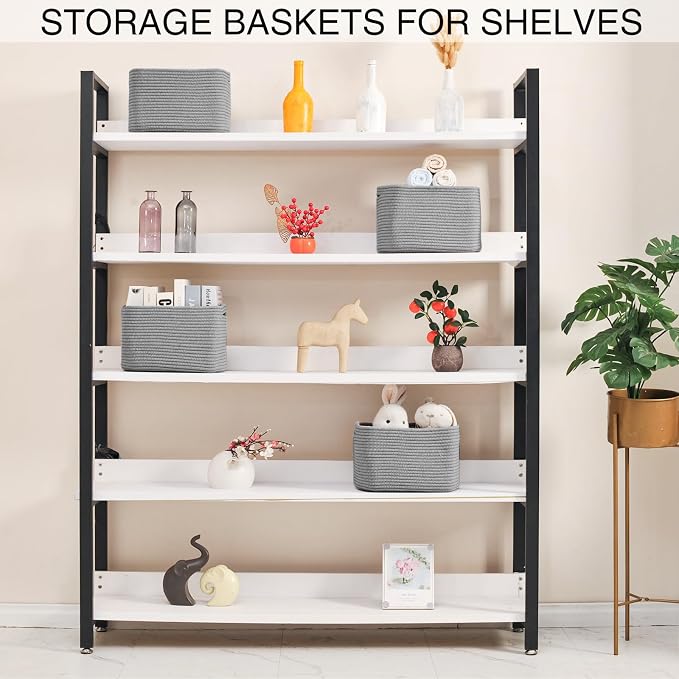 Small Storage Baskets for Organizing, Woven Storage Baskets for Shelves, Cotton Rope Basket for Storage, Cute Rectangular Book Toy Grey Basket, 12.7"×9.1"×7.9", 4 Packs, Grey - Image 3