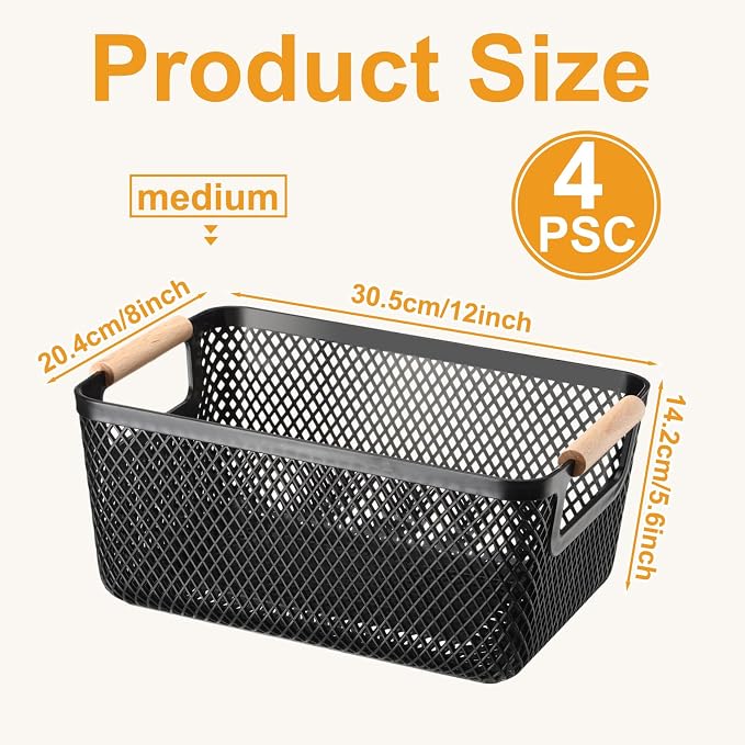 Tioncy 4 Pcs Plastic Mesh Baskets with Wood Handle Woven Mesh Storage Organizer Bins Multi-function Rectangle Baskets for Home Pantries Shelves Closet Kitchens Bedrooms(12.01 x 8.03 x 5.59 Inches) - Image 2