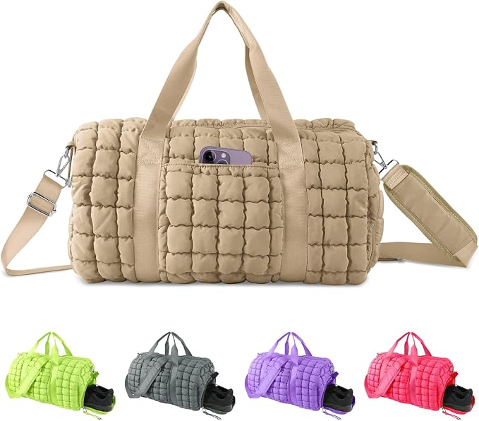 Quilted Travel Duffle Bag Gym Bag for Women,Large Puffer Duffle Weekender Bag with Compartment,Workout Overnight Carry on Organizer Bag Duffle Bag for Airplane Travel(L-Khaki) by XSUIOY