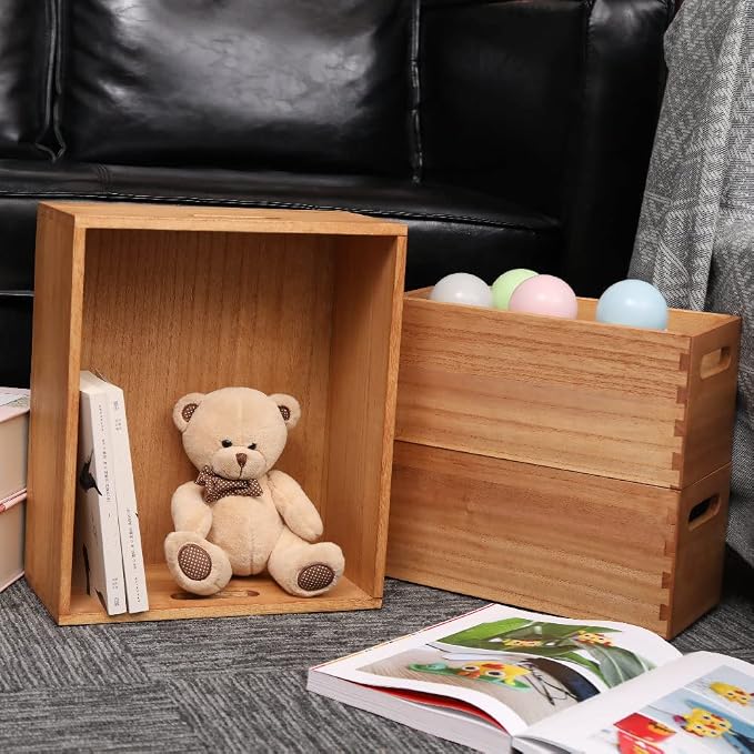DDYURI Wooden Baskets for Clothes Storage and Shelf Organizing -Natural Wood Decorative Storage Boxes with Handles for Office Bookshelf and Closet- Cabinets Cube Bins Organizer Light (3TH-LT) - Image 8