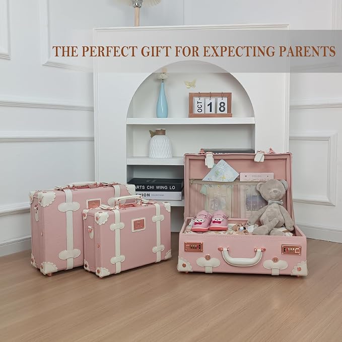 Unitravel Baby Keepsake Case, 18" Handmade Memory Storage Box, Newborn Keepsake Box, Vintage Suitcase for Baby Shower, Baptism, Naming Ceremony or Birthday (Pink) - Image 5