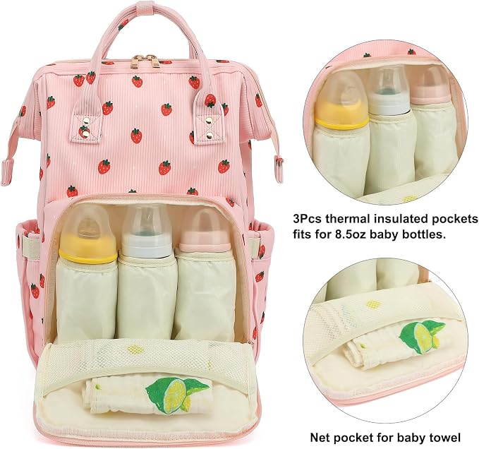 Corduroy Diaper Bag Backpack for Baby Girls Boys, Women Large Nappy Bags for Mom (Pink Corduroy Strawberry) - Image 3