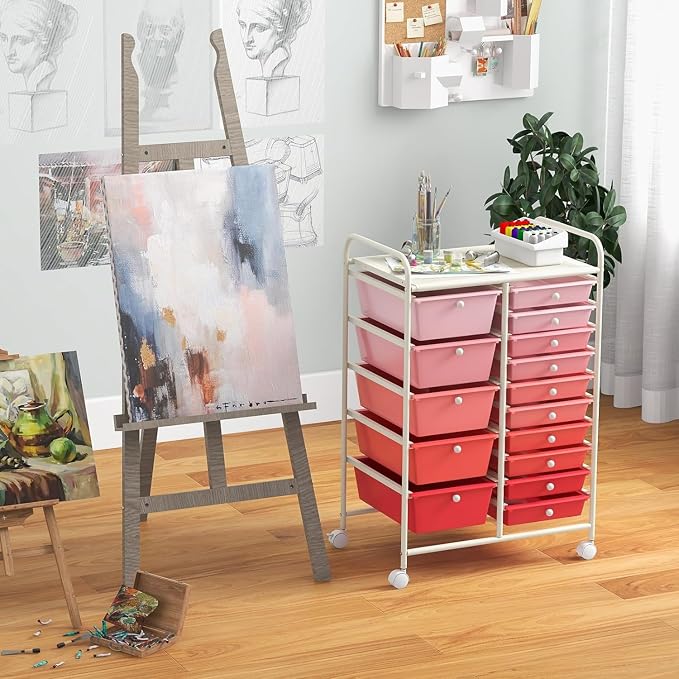 15 Drawer Rolling Storage Cart, Rolling Cart with Drawers for Classroom, Art Supply Craft Organizer on Wheel with Metal Frame & Handles for Home Office School - Image 6