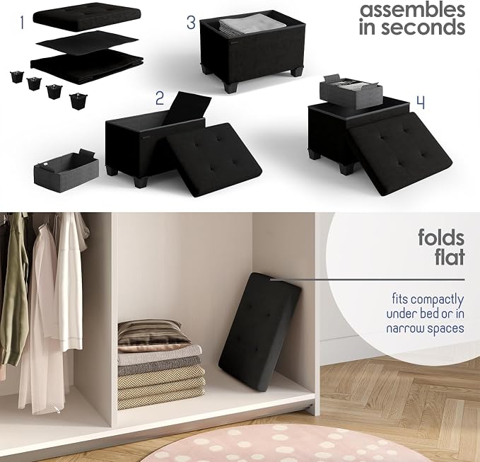 Storage Ottoman Cube with Small Bin, 16-in Square Ottoman with Storage for Living Room and Bedroom, Small Ottomans Foot Rest, Velvet Foot Stools Ottomans Max 330lbs, Black - Image 8
