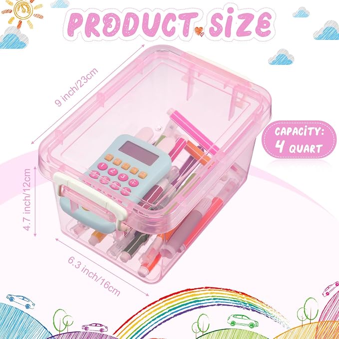 6 Pack Colorful Plastic Storage Bins with Lids 4 Quart Small Storage Latch Box Stackable and Nestable Clear Organizer Bins with Latching Handle and Buckle for Organizing(Pink) - Image 2