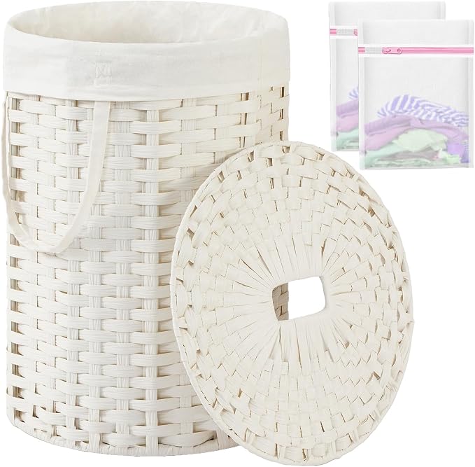 SETVSON Laundry Hamper with Lid Round Laundry Basket 23.8 Gal White | The lid hides dirty clothes, keeping spaces neat and fresh. 90 L Large Capacity, Stylish Design with Handles Easy Transport by SETVSON