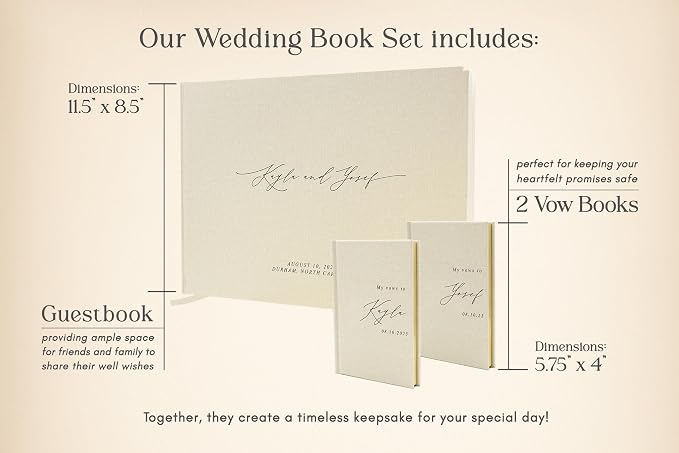 Personalized Wedding Book Set with Guestbook Vow Books (Design 1) - Custom Large 11.5 x 8.5 Guest Signin Book, 5.75 x 4 Vow Books for Marriage Ceremony Reception, Gift for Newly Engaged Couple, Cream - Image 2