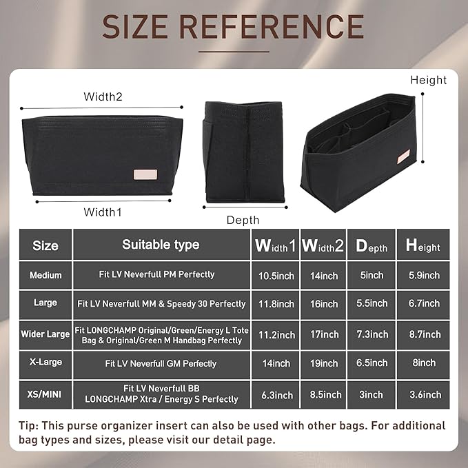 Purse Organizer Insert for Handbags & Base Shaper 2pc Set, Felt Neverfull GM Organizer Insert, Tote Bag Organizer with Zipper Pocket and Bottle Holder, Fit Neverfull GM and More, Black-XL - Image 2