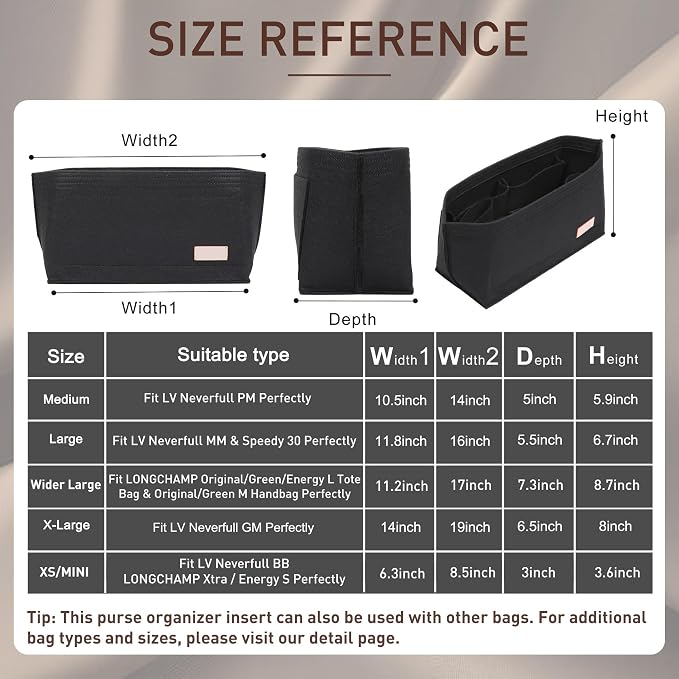 Purse Organizer Insert for Handbags & Base Shaper 2pc Set, Felt Neverfull GM Organizer Insert, Tote Bag Organizer with Zipper Pocket and Bottle Holder, Fit Neverfull GM and More, Black-XL - Image 2