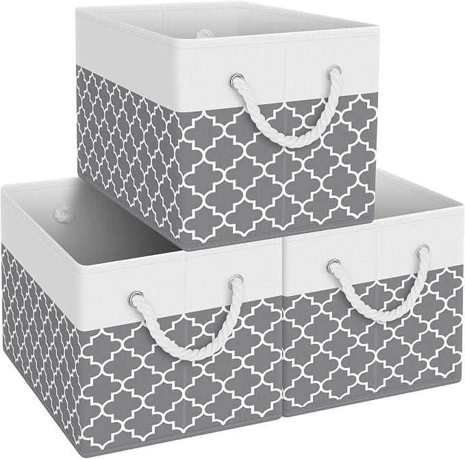 Storage Bins Foldable Storage Baskets with Rope Handles | 3-Pack Storage Bins for Organizing Toys, Books, Shelves, Closet, Large Storage Box Sturdy Organizer Bins, Clover Grey by Fabtotes