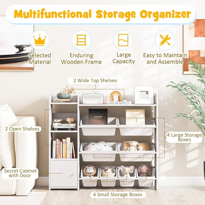 Costzon Kids Toy Storage Organizer, 4-Tier Bookshelf Storage Cabinet w/8 Removable Bins, Preschool Children's Montessori Bookshelf w/Large Cabinet for Playroom, Daycare, Kids Room, Classroom - Image 5