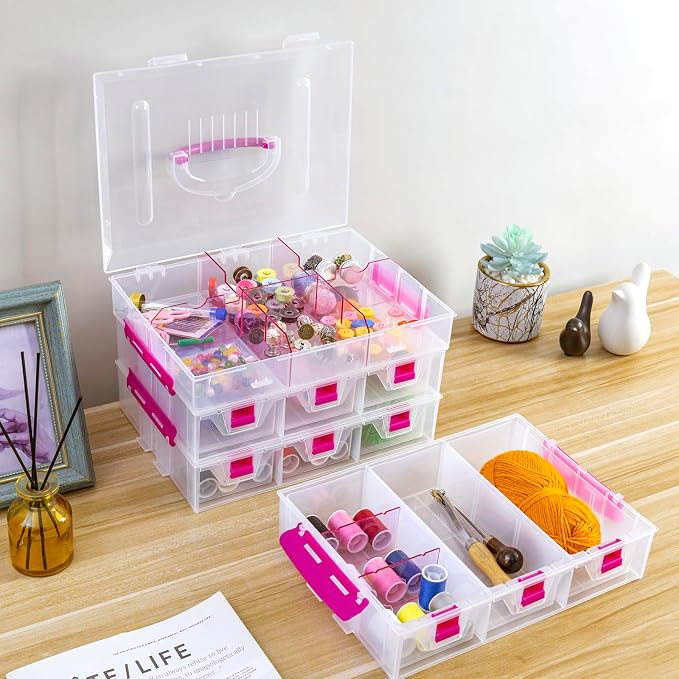 MyGift Stackable Single Tray Add-On for 11-Inch Clear Arts & Crafts Container, 9-Compartment Sewing Supplies Organizer with Removable Dividers for Craft Storage, Includes 3 Drawers - Image 5