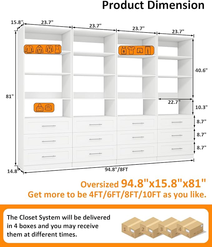 Closet System with 12 Drawers & 16 Shelves, Wood Closet Organizer System with 4 Extra Hanging Rod for Walk in Closet, Modular Closet Organizer System White(8FT) - Image 3
