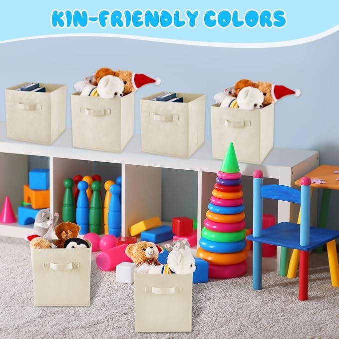 Yinder 12 Pcs Cube Storage Bin Beige 10.5''x10.5''x11'' Storage Bins for Playroom Decor Colorful Bins for Kids Foldable Baskets for Nursery Organizer Boxes Fabric Boxes - Image 4