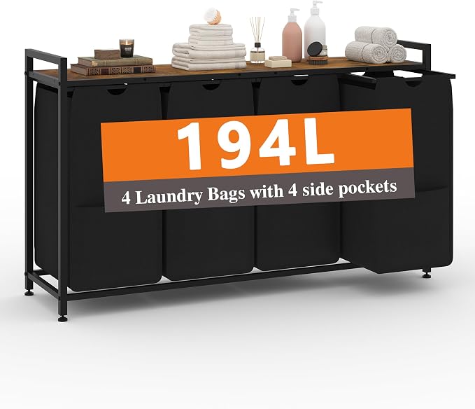 Garvee 194L Laundry Hamper 4 Sections, Rustic Brown + Black | Laundry Basket with Shelf & 4 Removable Bags, Dirty Clothes Basket Organizer for Bathroom Bedroom Room Organization by Garvee