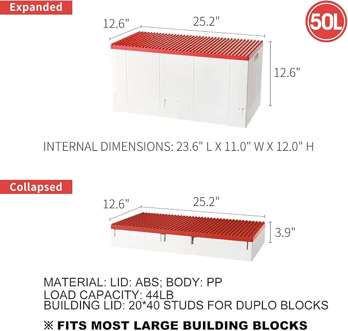 53 Qt. Folding Storage Box with Large Building Lid for Lego Duplo Blocks, 13 Gallon Collapsible Organizer for Lego Bricks (Red) - Image 4