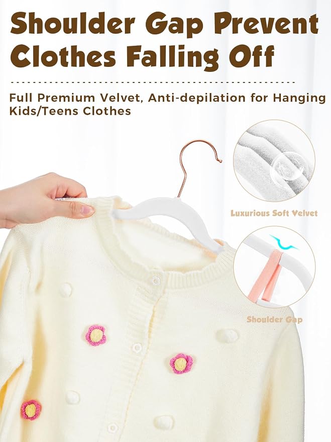Kids Velvet Hangers 50 Pack, 14 Inch Premium Non Slip Kids Felt Hangers for Closet, Space Saving Toddler Clothes Hanger for Youth's Childrens' Clothes (Rose Gold Hook)- White | Premium Kids Hangers for Closet Storage, Space Saving Toddler Clothes Hange... - Image 3