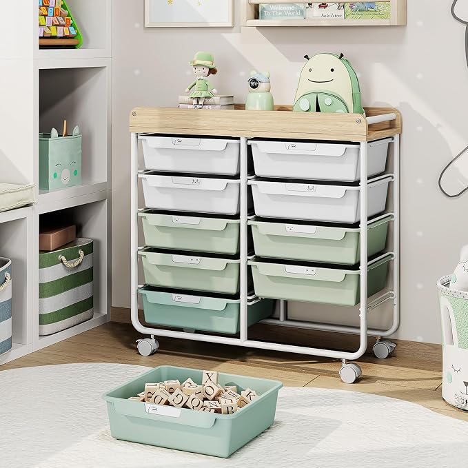 10 Drawer Rolling Storage Cart with Wood Top for Classroom Crafts Green | Easy Setup, Large Capacity, Sturdy Build, Lockable Mobility, For office, classroom and home supplies - Image 2
