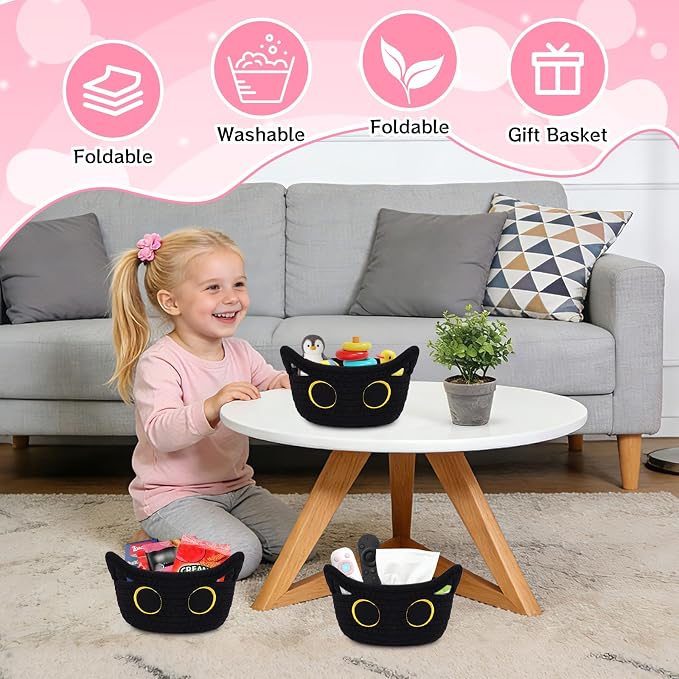 3 Pack Small Black Cat Storage Baskets for Organizing,Woven Mini Basket | Decorative Gift Basket,Nursery Shelves Rope Cotton Storage Bins for Gifts Empty, Mini Burr Baby Shower with Handles,7 IN - Image 4