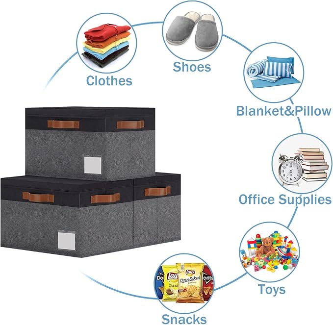 GhvyenntteS Extra Large Storage Bins with Lids, Foldable Fabric Storage Boxes with Lids and Handles, Storage Baskets with Lid and Label for Home Office (3 Pack, Grey&Black, 15.75" x 11.8" x 10.2") - Image 7