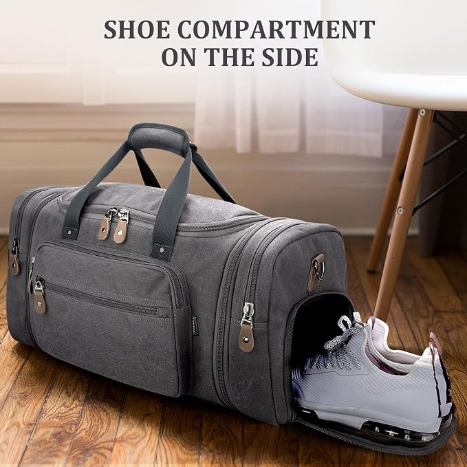 Gonex Canvas Duffle Bag, Expandable 60L Travel Overnight Weekender Bag | for Men, with Shoe Compartment, Multiple Pockets, Tear-Resistant, Durable Zippers, Detachable Strap, Gray - Image 2