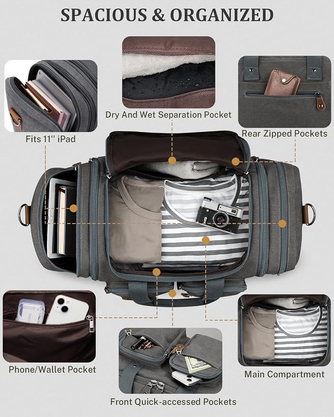 Gonex Duffle Bag for Travel, Expandable 50L Overnight Weekender Gym Bag | Water-Resistant Canvas, Wet-Dry Pocket, Luggage Sleeve, Carry-On Size, Detachable Strap, Grey - Image 4