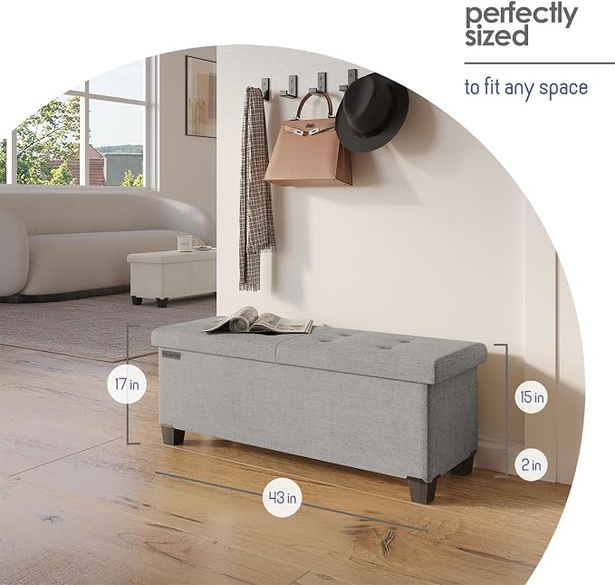 Storage Ottoman Bench with Bins, 43-in Storage Bench for Bedroom End of Bed, Folding Foot Rest Ottoman for Living Room Max 660lbs, Fabric Ottomans, Light Grey - Image 8