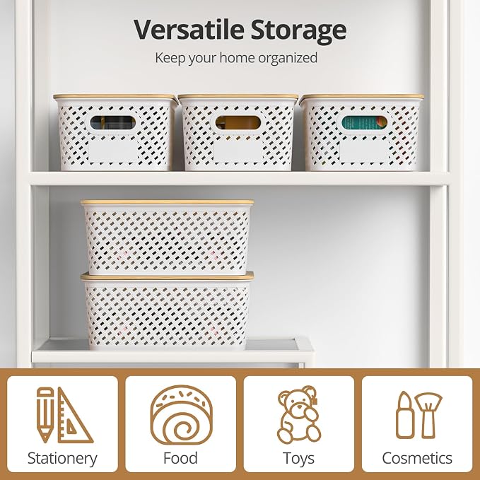 Plastic Storage Bins with Bamboo Lids, Stackable Small Box Baskets for Organizing and Containers for Shelves Drawers Desktop Closet Pantry Classroom Office Home, 6 Pack 10.2x7.2x4.1 Inch, White - Image 5