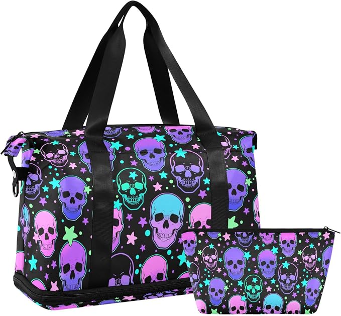 Travel Duffel Tote Bag Stars Purple Skulls Sports Duffel Bag with Wet Pocket Weekender Overnight Bag for Women Men Gym Bag, Carry On Bag Hospital Bag for Labor and Delivery - Image 7