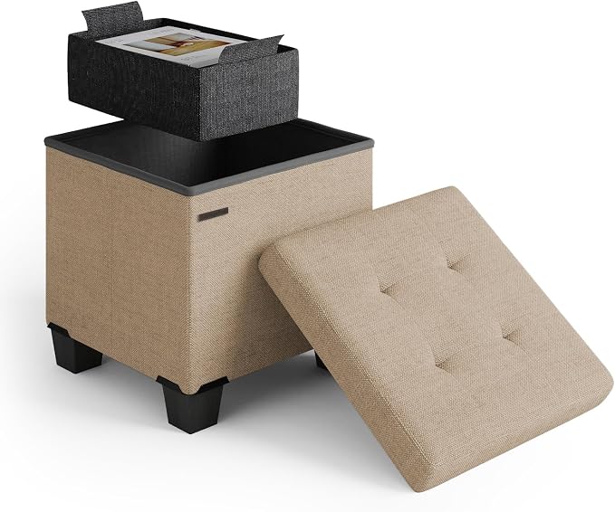 Storage Ottoman Cube with Small Bin, 15-in Square Ottoman with Storage for Living Room and Bedroom, Small Ottomans Foot Rest, Fabric Foot Stools Ottomans Max 330lbs, Taupe by STORAGEBUD