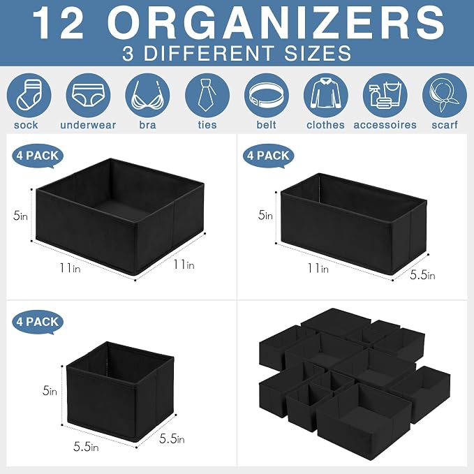 Drawer Organizer Clothes 12 Pack - Odorless Closet Organizers and Storage for Sock Underwear Bra - Dresser Organizador for Bedroom Organization -Nursery Drawer Divider Trays for Baby Clothes - Image 3