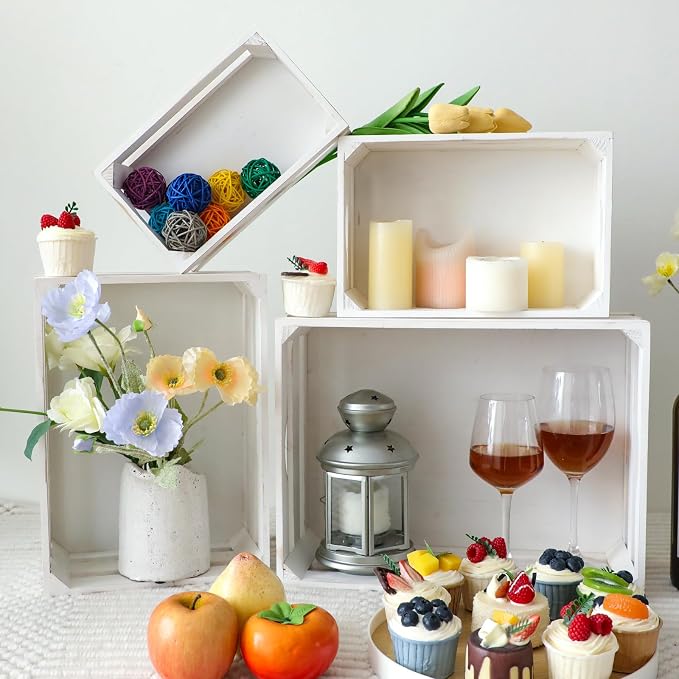 Large Wooden Crates Set of 4 Decorative Storage Box with Handles, Rustic Whitewashed Farmhouse Wooden Crates for Display, Living Room Container Baskets Box for Kitchen, Pantry, Bedroom - Image 5